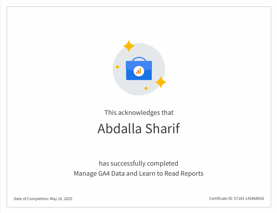GA4 Data Management and Report Certificate for Abdalla Sharif