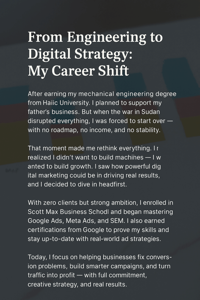 About section graphic showing Abdalla Sharif’s transition from mechanical engineering to digital marketing, highlighting his journey and certifications in Google Ads and SEM